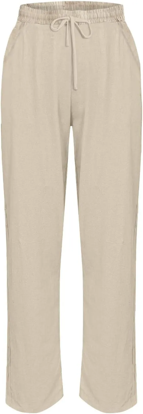 Linen Pants Women Straight Leg Drawstring Casual Trousers Pockets Beach Vacation Lounge Palazzo High Waist Pants