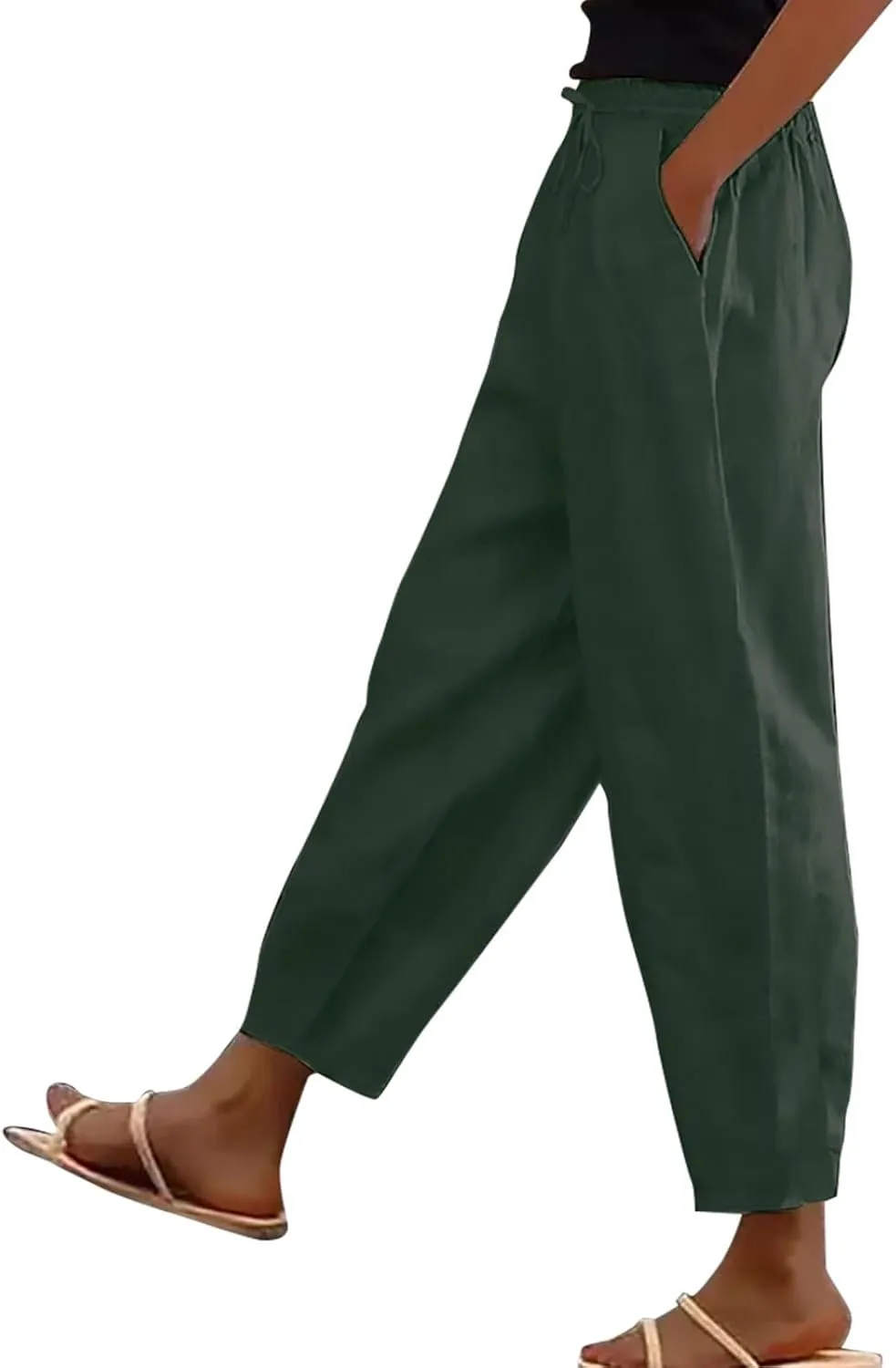 Linen Pants Women Straight Leg Drawstring Casual Trousers Pockets Beach Vacation Lounge Palazzo High Waist Pants