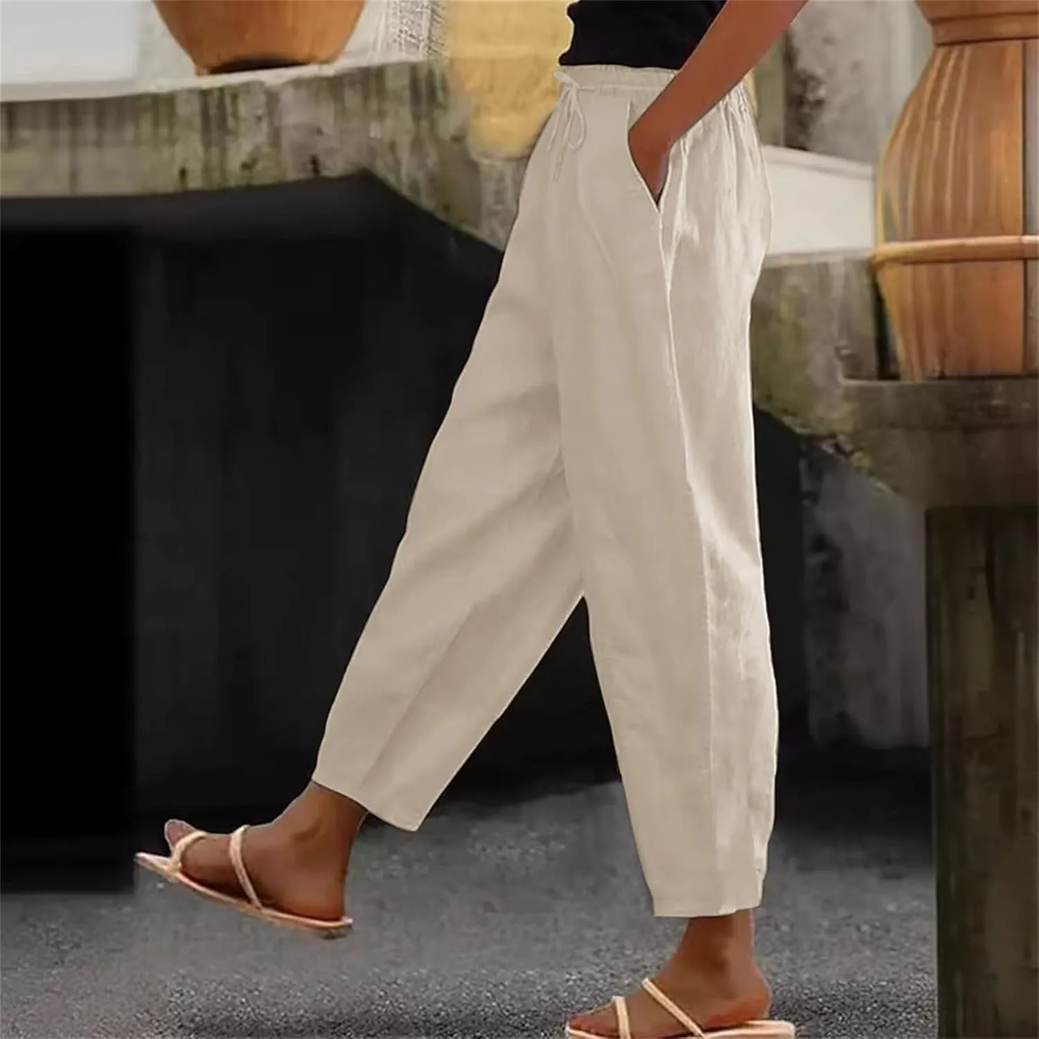 Linen Pants Women Straight Leg Drawstring Casual Trousers Pockets Beach Vacation Lounge Palazzo High Waist Pants