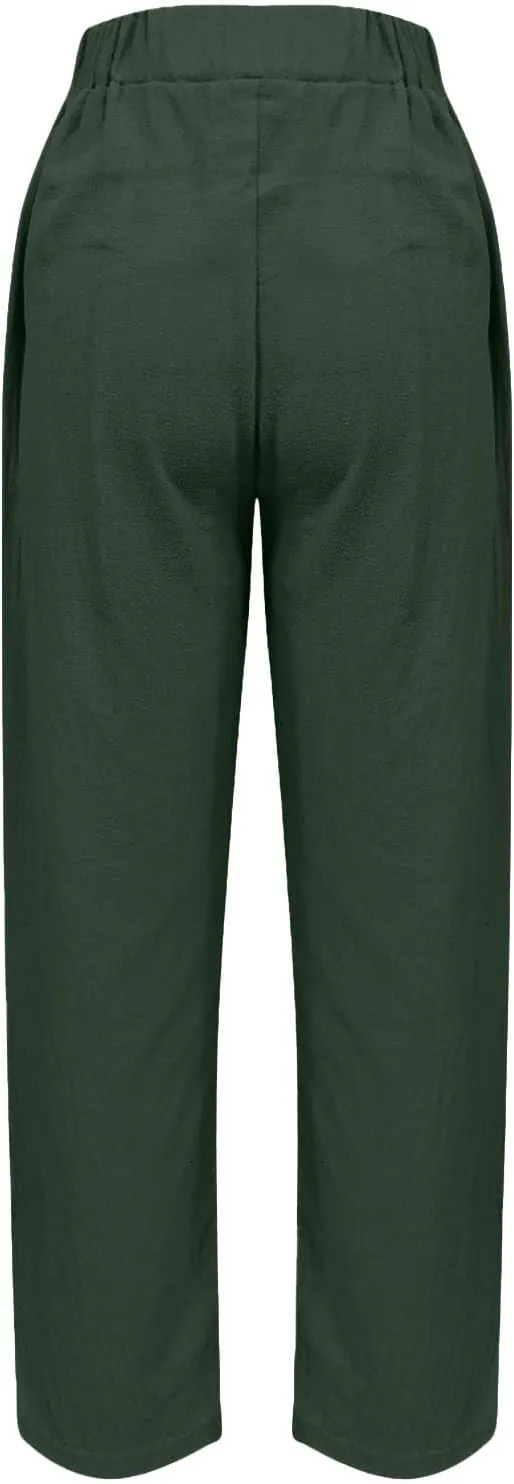 Linen Pants Women Straight Leg Drawstring Casual Trousers Pockets Beach Vacation Lounge Palazzo High Waist Pants