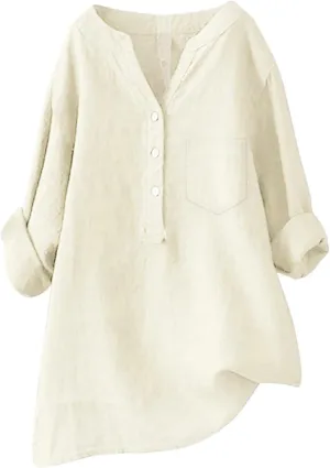 Linen Shirt for Women Solid 3/4 Sleeve Tunic Tops Oversized Tshirts Casual Breathable Tops V Neck Dressy Blouses