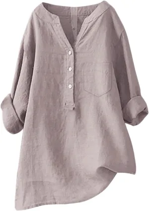 Linen Shirt for Women Solid 3/4 Sleeve Tunic Tops Oversized Tshirts Casual Breathable Tops V Neck Dressy Blouses