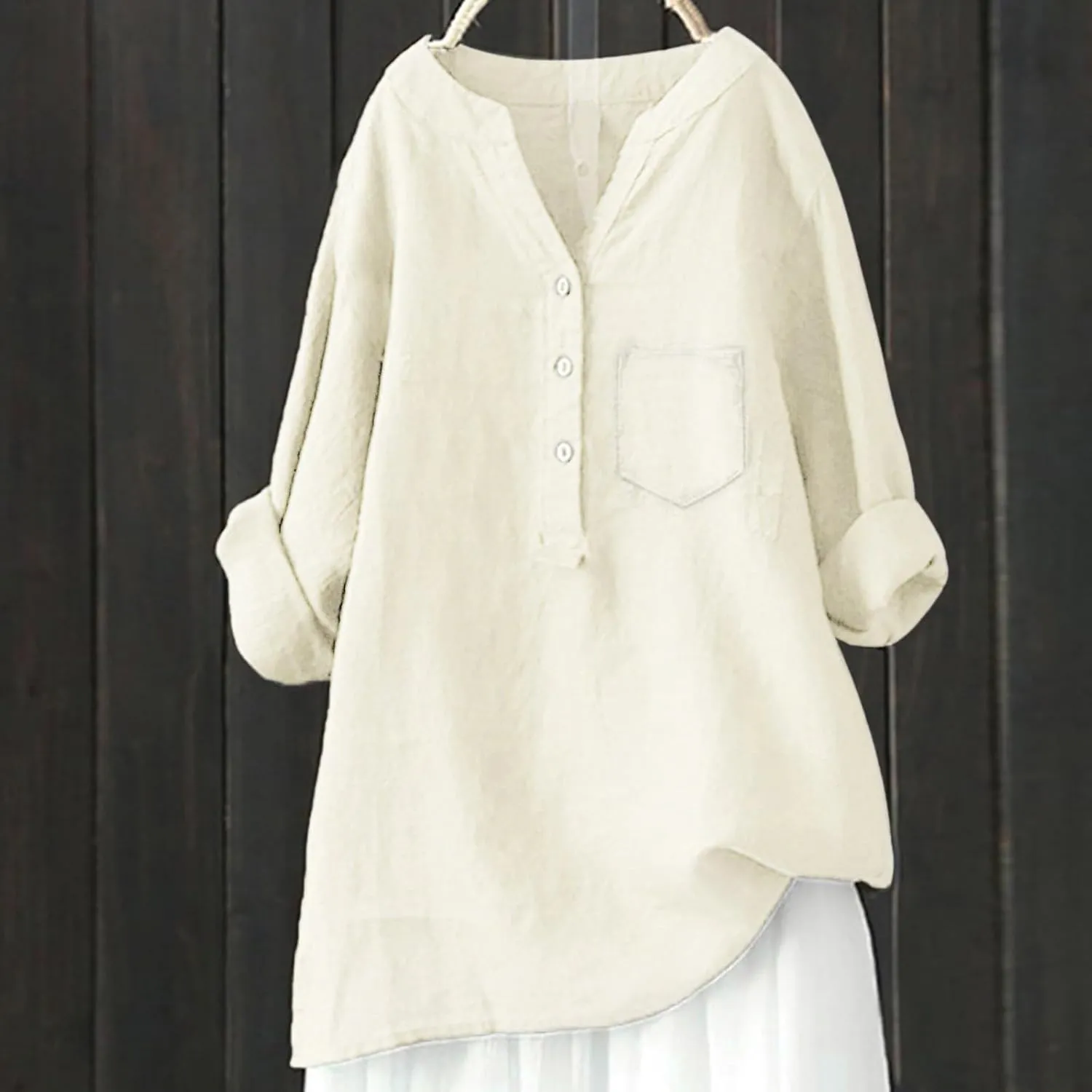 Linen Shirt for Women Solid 3/4 Sleeve Tunic Tops Oversized Tshirts Casual Breathable Tops V Neck Dressy Blouses