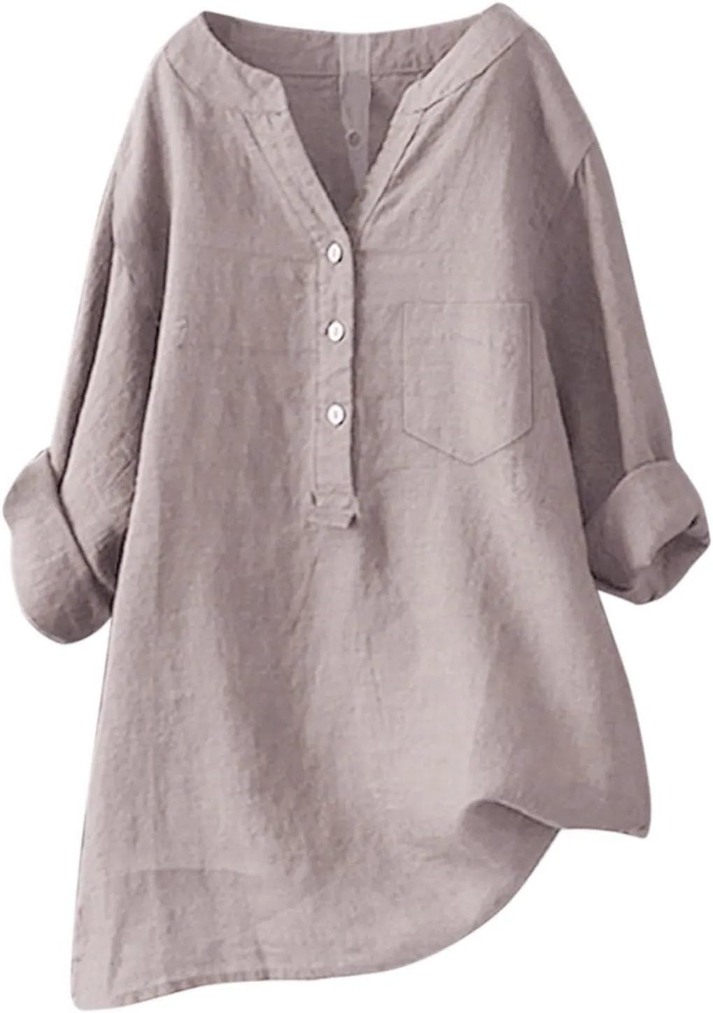 Linen Shirt for Women Solid 3/4 Sleeve Tunic Tops Oversized Tshirts Casual Breathable Tops V Neck Dressy Blouses