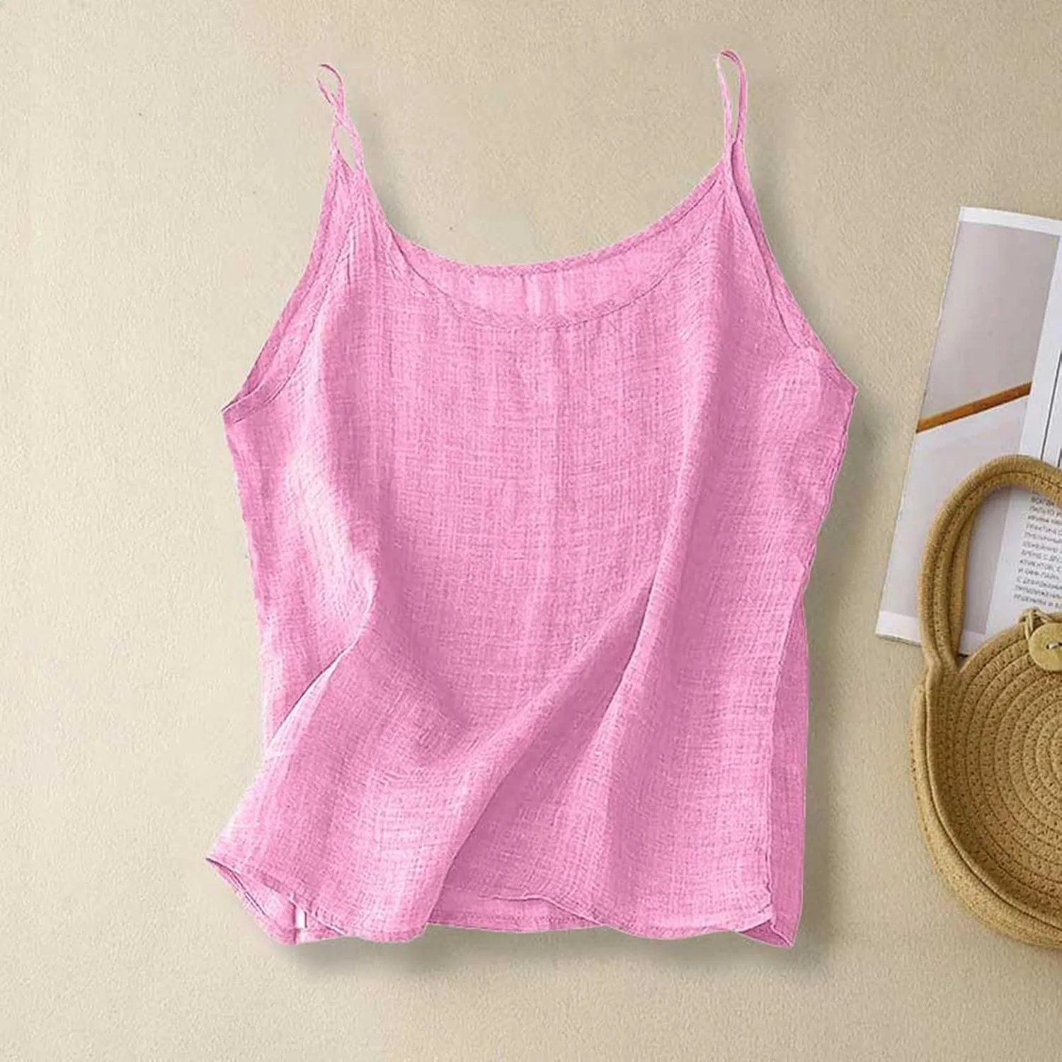 Linen Tank Tops for Women Summer Spaghetti Straps Cotton Camisoles Loose Fit Casual Sleeveless O-Neck Crop Cami Top