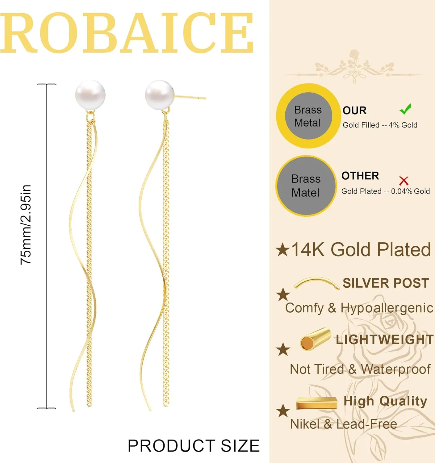 Long Gold Prom Earrings for Women, Pearl Dangle Drop and Chain Tassel Threader Earrings DanglingRhinestone Zirconia Hypoallergenic Bride Party Prom jewelryWomen Gifts