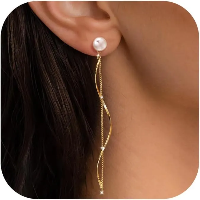 Long Gold Prom Earrings for Women, Pearl Dangle Drop and Chain Tassel Threader Earrings DanglingRhinestone Zirconia Hypoallergenic Bride Party Prom jewelryWomen Gifts