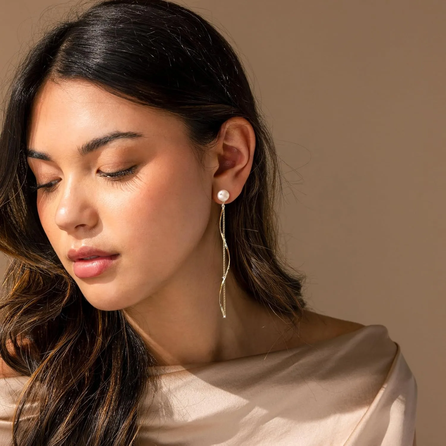 Long Gold Prom Earrings for Women, Pearl Dangle Drop and Chain Tassel Threader Earrings DanglingRhinestone Zirconia Hypoallergenic Bride Party Prom jewelryWomen Gifts