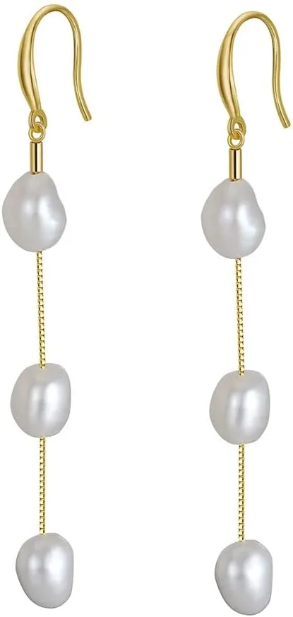Long Pearl Earrings for Women 14K Gold Plated Sterling Silver Chain Baroque Pearl Drop Dangle Earrings for Wedding Bridal
