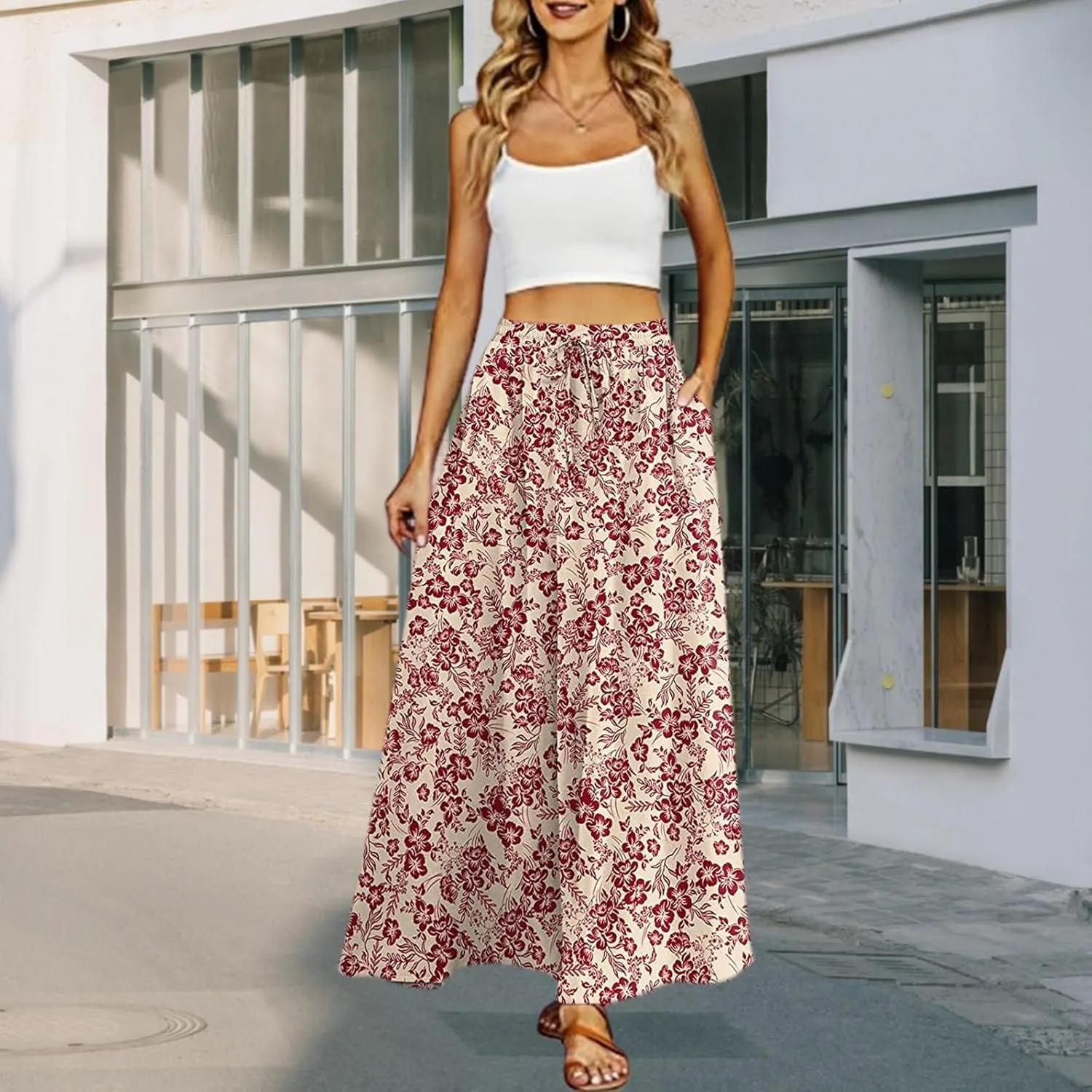 Long Skirts for Women Elegant Floral Pattern High Waist Boho Skirt A Line Midi Summer Beach Vacation Skirt