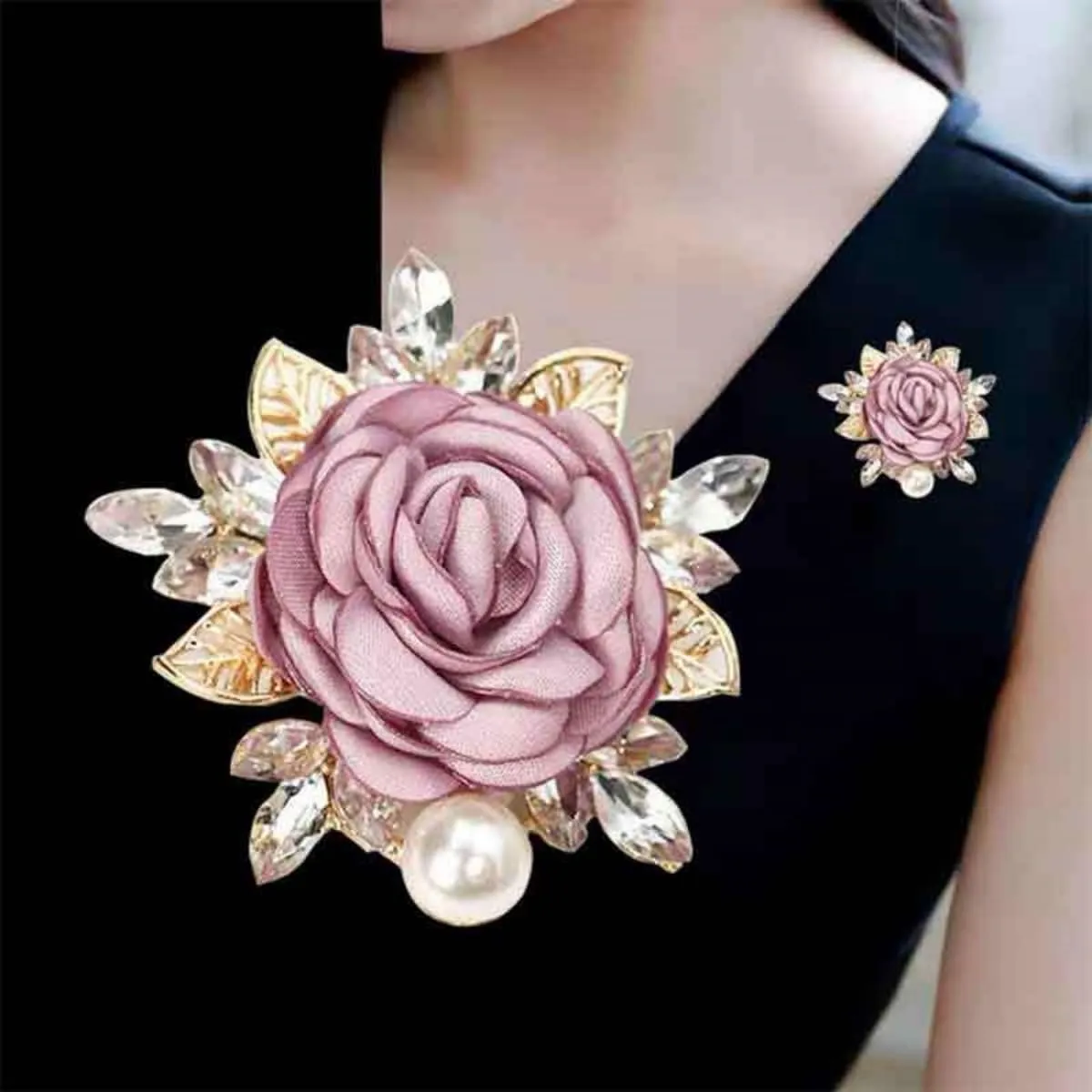 LOVEF Elegant Rose Flower Brooch Pin for Women Wedding Party Gentleman's Essentials Crystal Pearl Fabric Flower Lapel Pin Fashionable and Versatile Dress Suit Accessories Valentine's Day