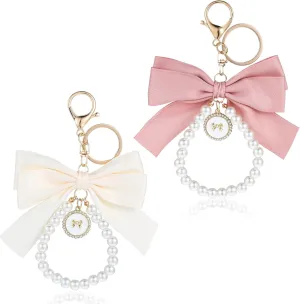 Lusofie 2Pcs Cute Bow Keychain for Women,Pearl Key Chains