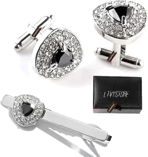 Luxury Black Crystal White Rhinestones Heart Cufflinks for Women Men Shirt, Ltvystore Jewelry Trendy Geometric Cuff Links Buttons with Box
