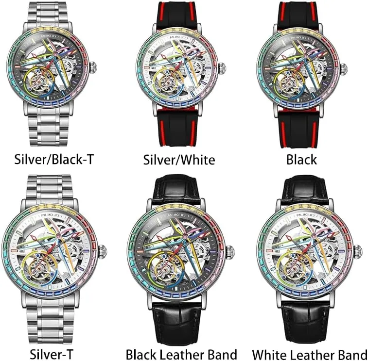Luxury Self-Winding Automatic Mechanical Watches for Men, Rainbow Crystal Bezel, Skeleton Dial, Stainless Steel and Leather Band, Silver