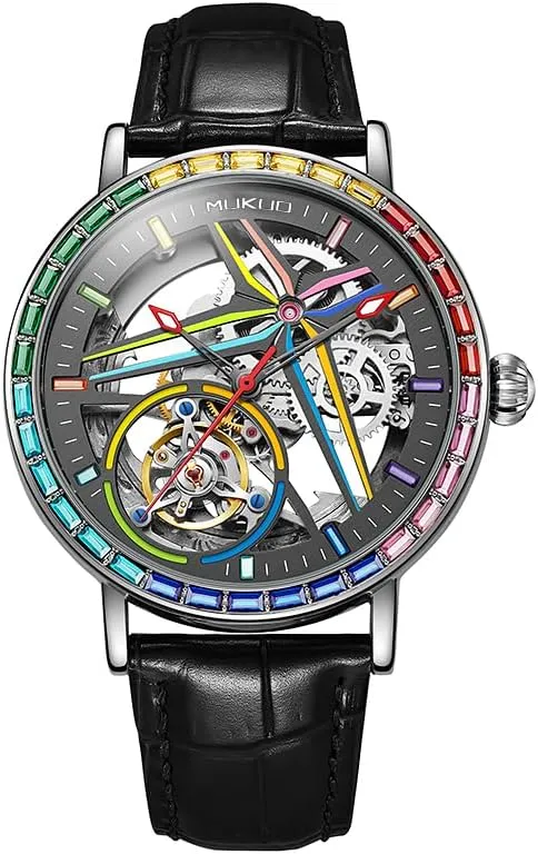 Luxury Self-Winding Automatic Mechanical Watches for Men, Rainbow Crystal Bezel, Skeleton Dial, Stainless Steel and Leather Band, Silver