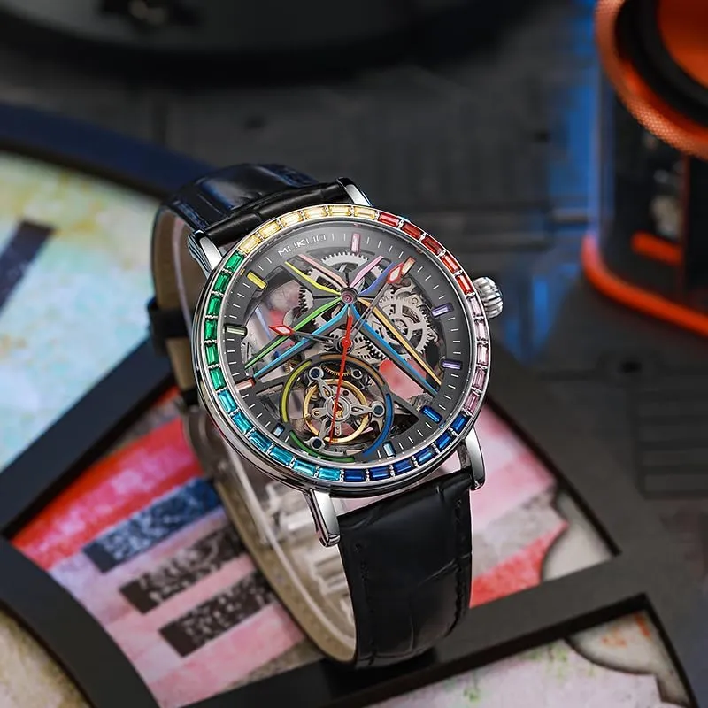 Luxury Self-Winding Automatic Mechanical Watches for Men, Rainbow Crystal Bezel, Skeleton Dial, Stainless Steel and Leather Band, Silver