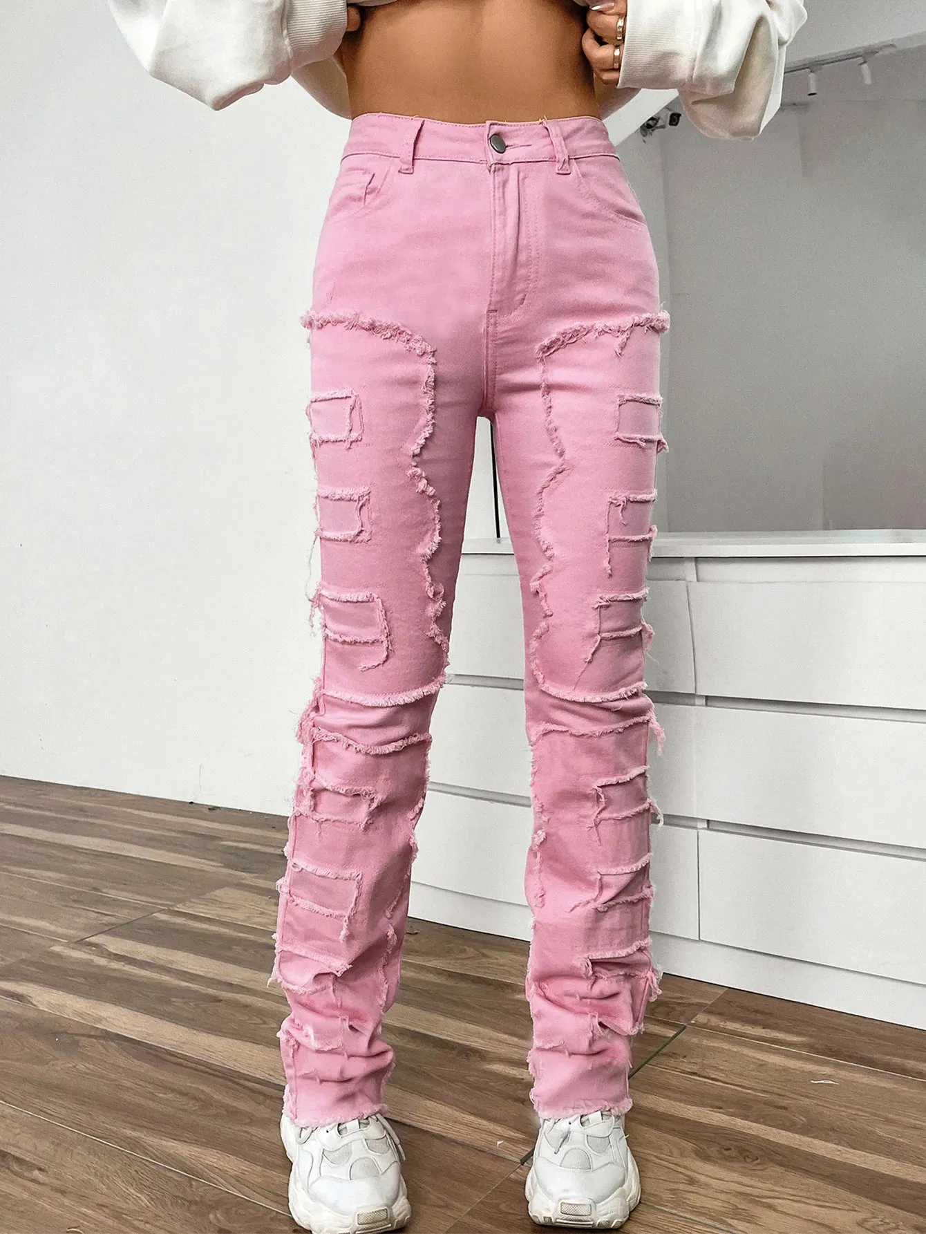 LVSANW 2024 New European and American Streetwise Stretch Patch Jeans for Women High Street Straight Fit Long Women's Jeans