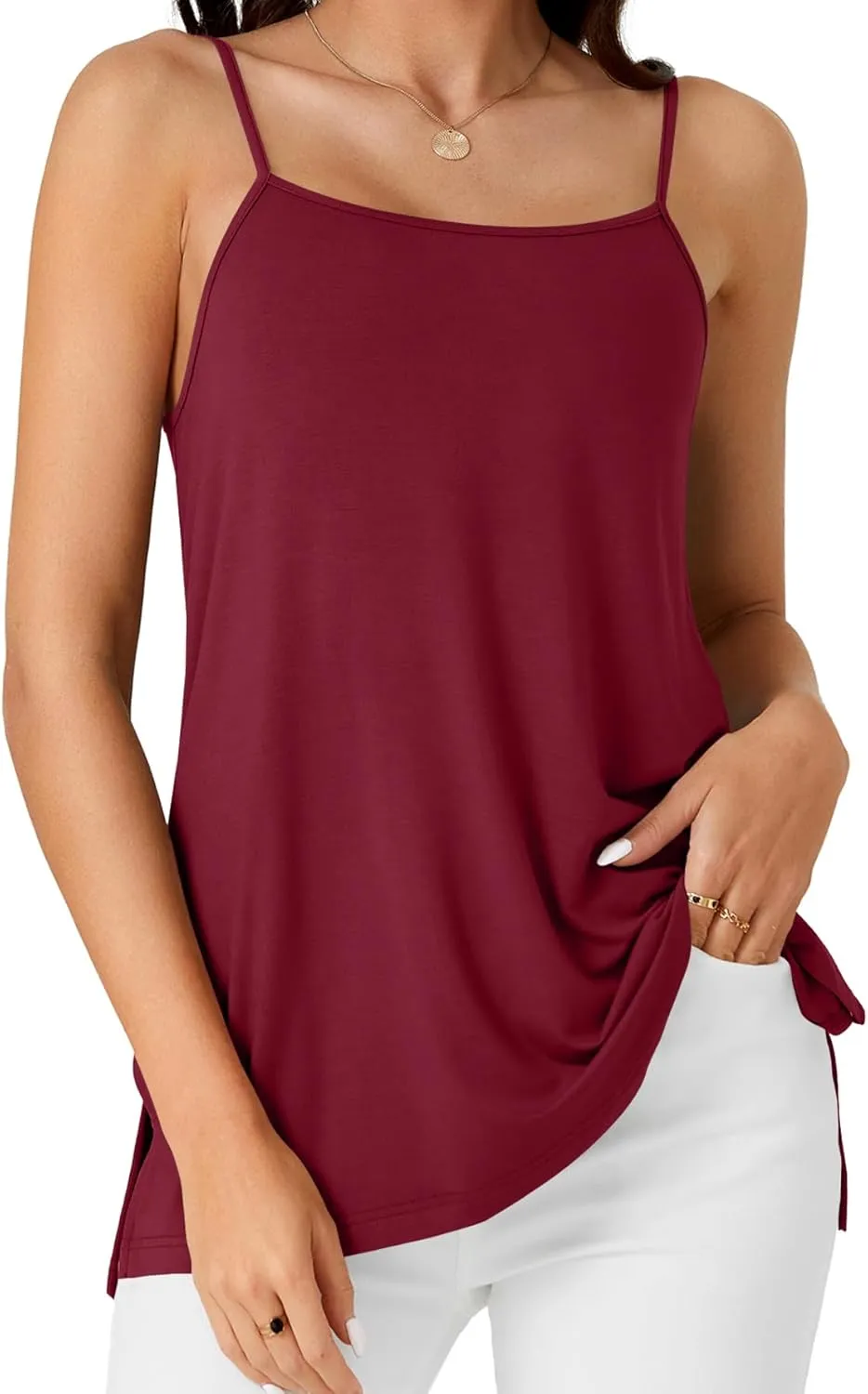 LYANER Women's Loose Square Neck Spaghetti Straps Slit Side Camisole Tank Cami Top