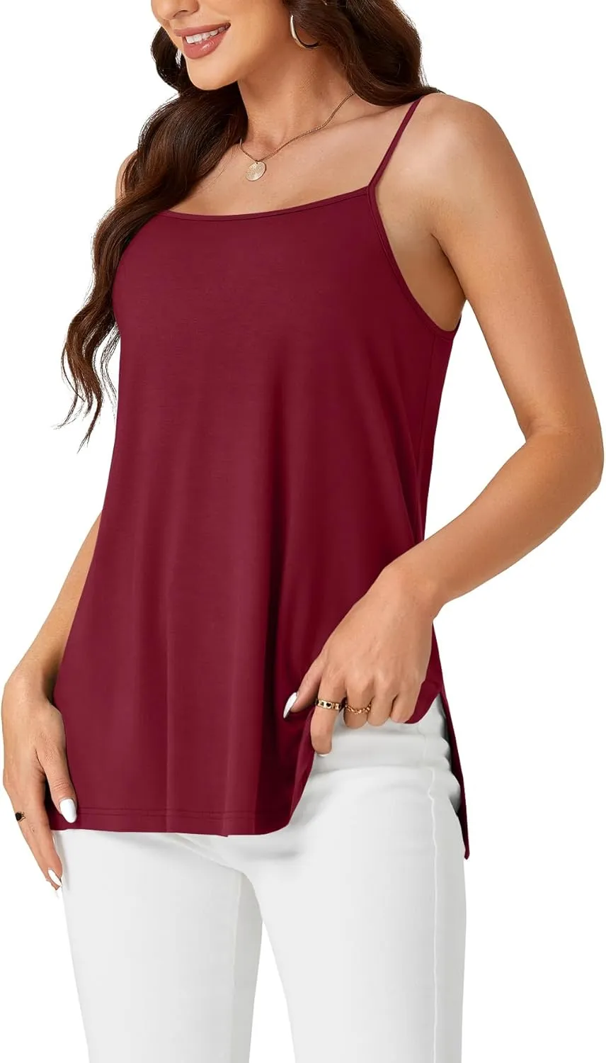 LYANER Women's Loose Square Neck Spaghetti Straps Slit Side Camisole Tank Cami Top