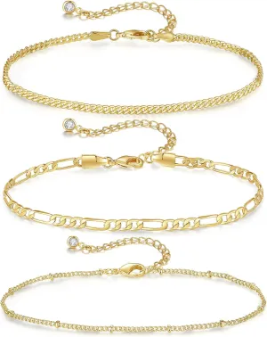 MAIBAOTA Gold Anklets for Women 14K Gold Plated Ankle Bracelets 3 Pcs Adjustable Layered Summer Beach Waterproof Anklets 8.6" 1.97" Foot Jewelry Gifts for Women