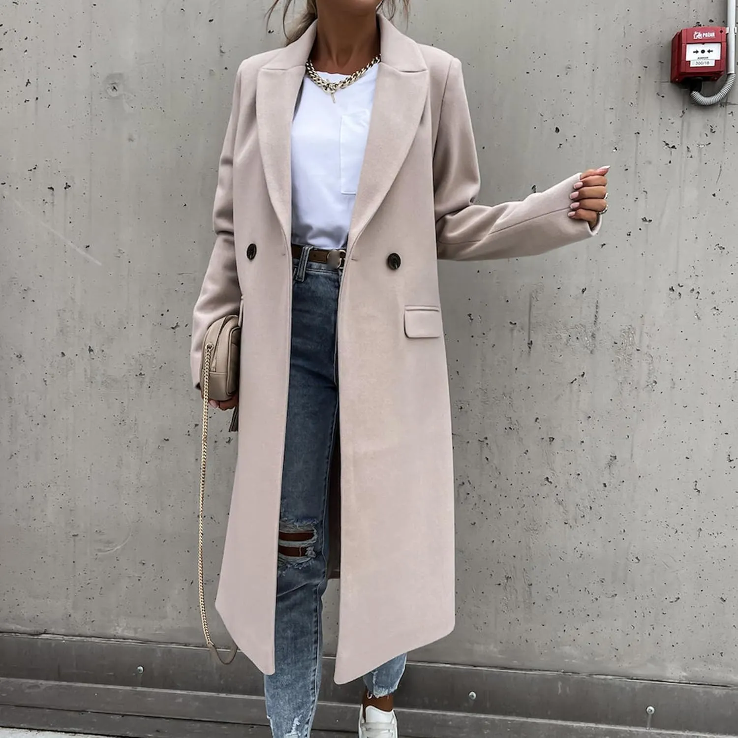 Maiyifu-GJ Womens Elegant Notched Lapel Double Breasted Wool Blend Coat Jacket Long Trench Coat Winter Overcoat Outerwear