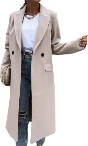 Maiyifu-GJ Womens Elegant Notched Lapel Double Breasted Wool Blend Coat Jacket Long Trench Coat Winter Overcoat Outerwear