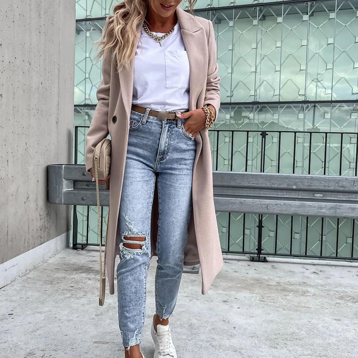 Maiyifu-GJ Womens Elegant Notched Lapel Double Breasted Wool Blend Coat Jacket Long Trench Coat Winter Overcoat Outerwear