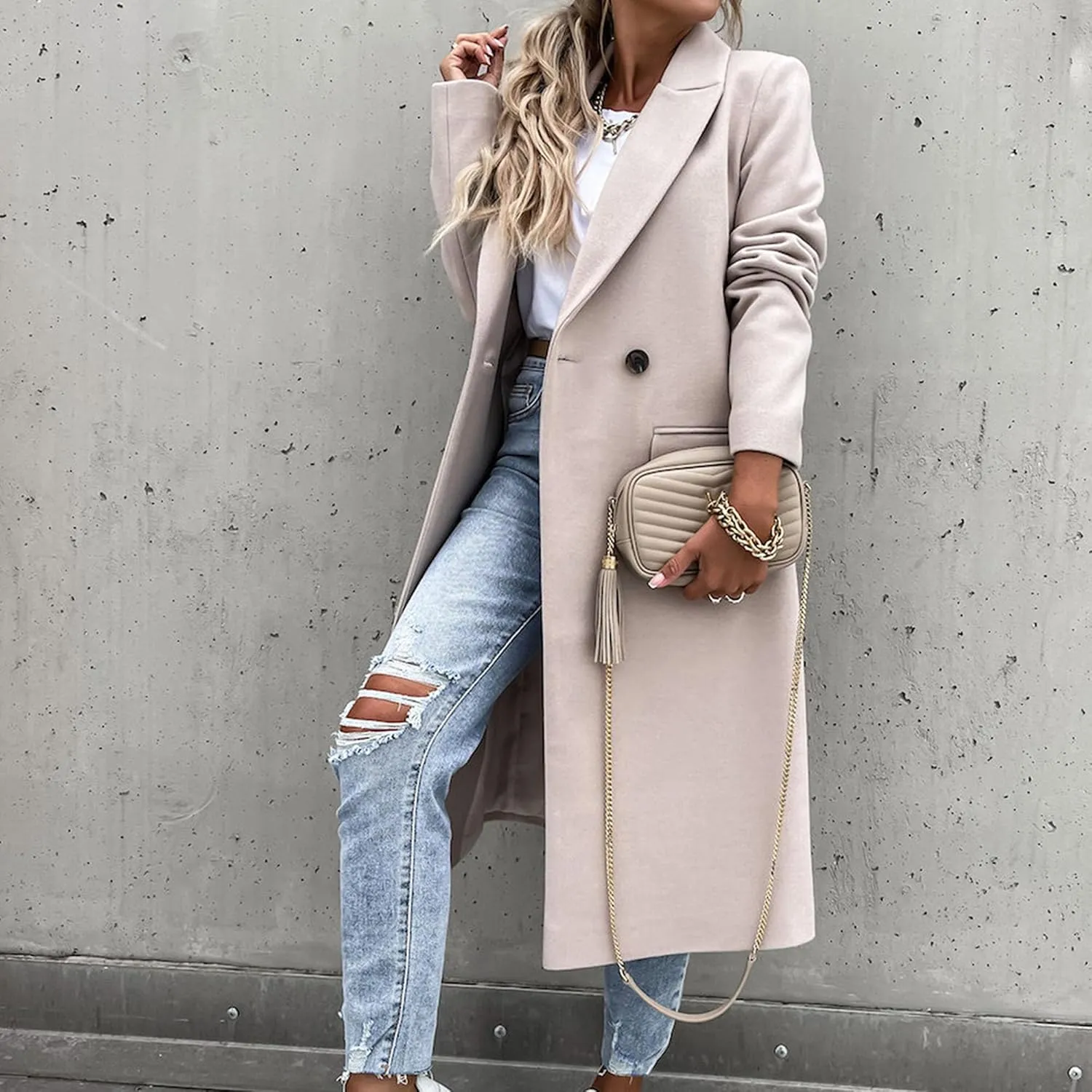 Maiyifu-GJ Womens Elegant Notched Lapel Double Breasted Wool Blend Coat Jacket Long Trench Coat Winter Overcoat Outerwear