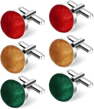 MANSPHIL Velvet Cufflinks for Men Set, Red Green Yellow Round Cufflinks for Shirt Tuxedo Wedding Grooms Business, Stainless Steel Material, 0.7" Diameter