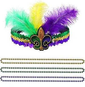 Mardi Gras Costume Accessory Set, Faux Feather Headpiece,Mardi Gras Beads for Women and Girls