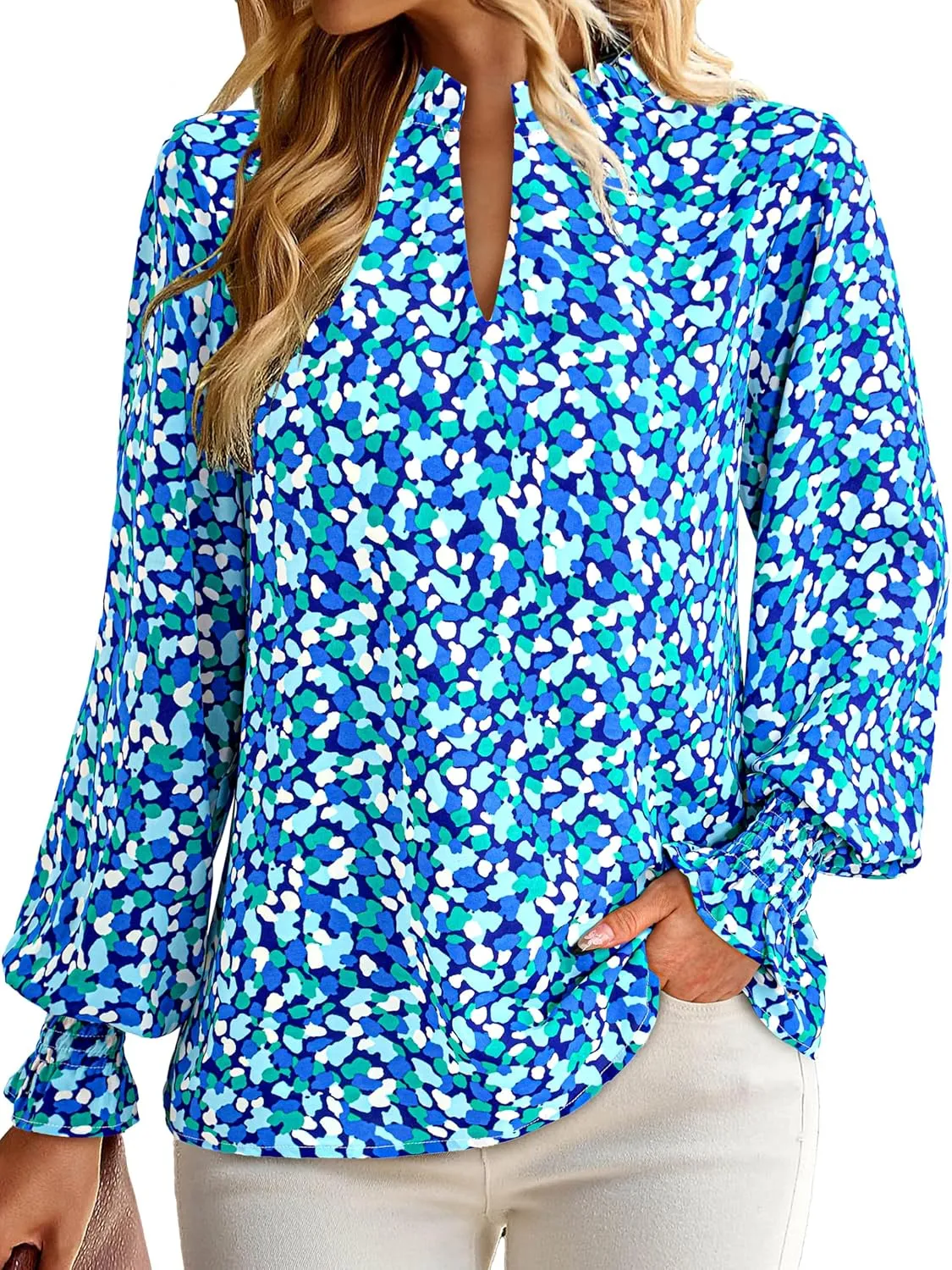 MASCOMODA Womens V Neck Floral Long Sleeve Tops 2025 Summer Casual Loose Puff Sleeve Chiffon Boho Work Blouse Dressy T Shirts