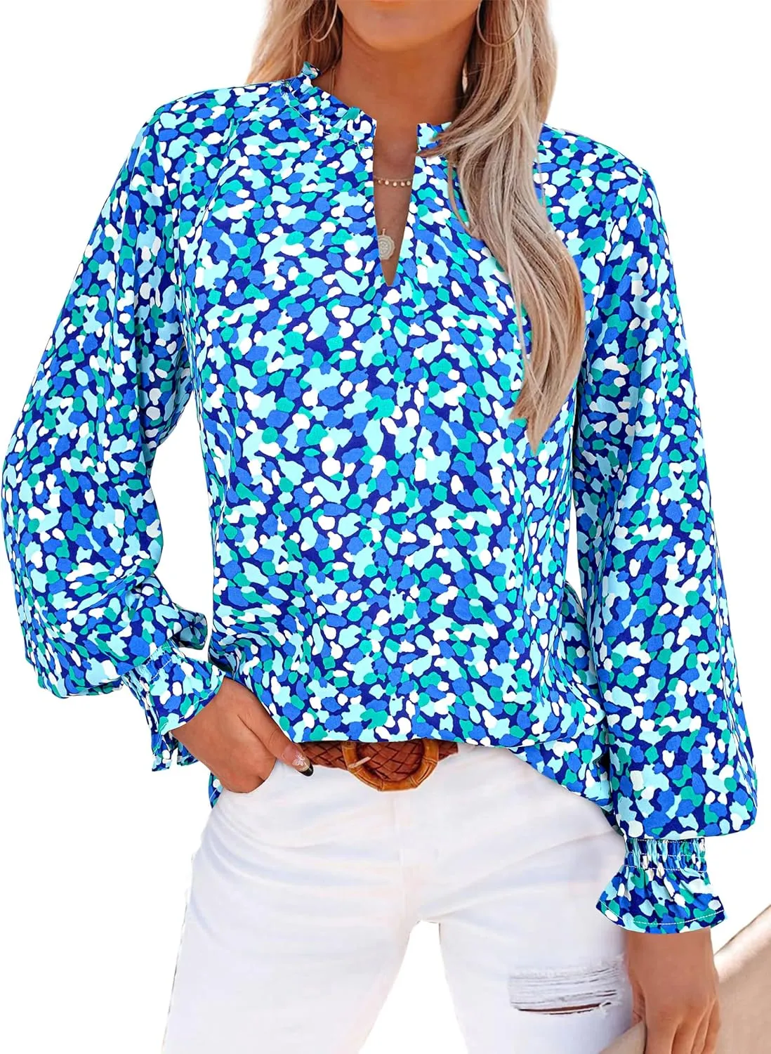 MASCOMODA Womens V Neck Floral Long Sleeve Tops 2025 Summer Casual Loose Puff Sleeve Chiffon Boho Work Blouse Dressy T Shirts