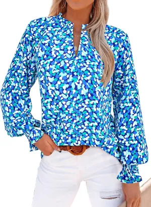 MASCOMODA Womens V Neck Floral Long Sleeve Tops 2025 Summer Casual Loose Puff Sleeve Chiffon Boho Work Blouse Dressy T Shirts