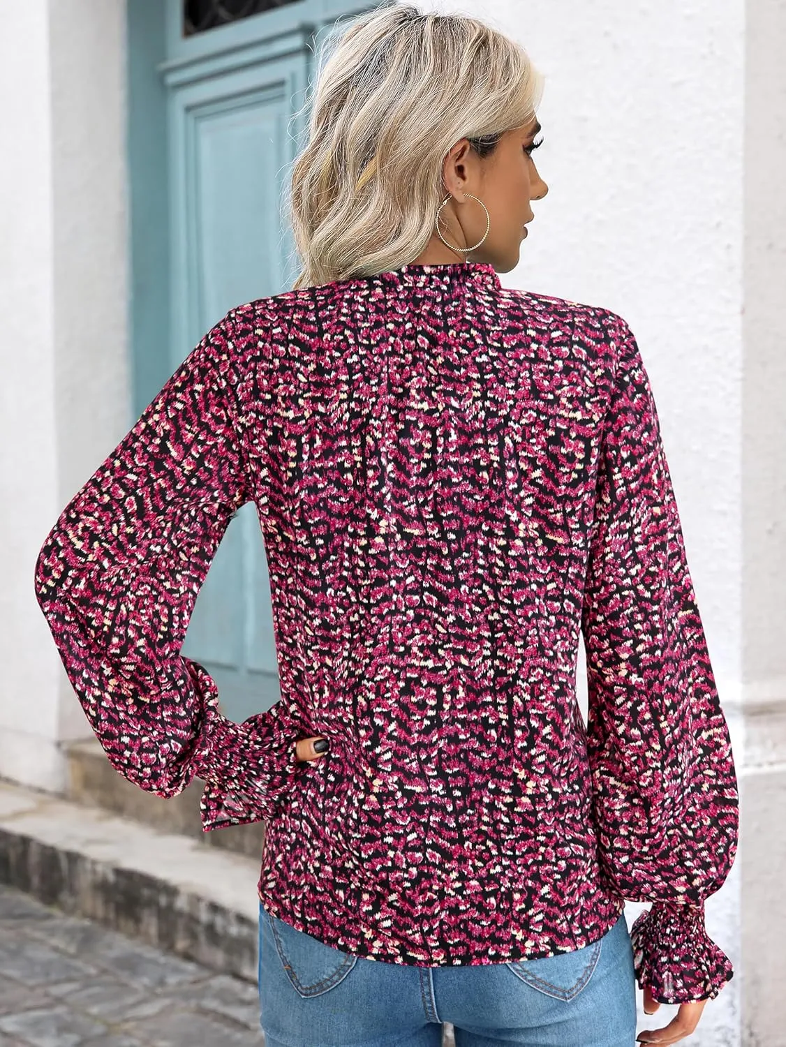 MASCOMODA Womens V Neck Floral Long Sleeve Tops 2025 Summer Casual Loose Puff Sleeve Chiffon Boho Work Blouse Dressy T Shirts