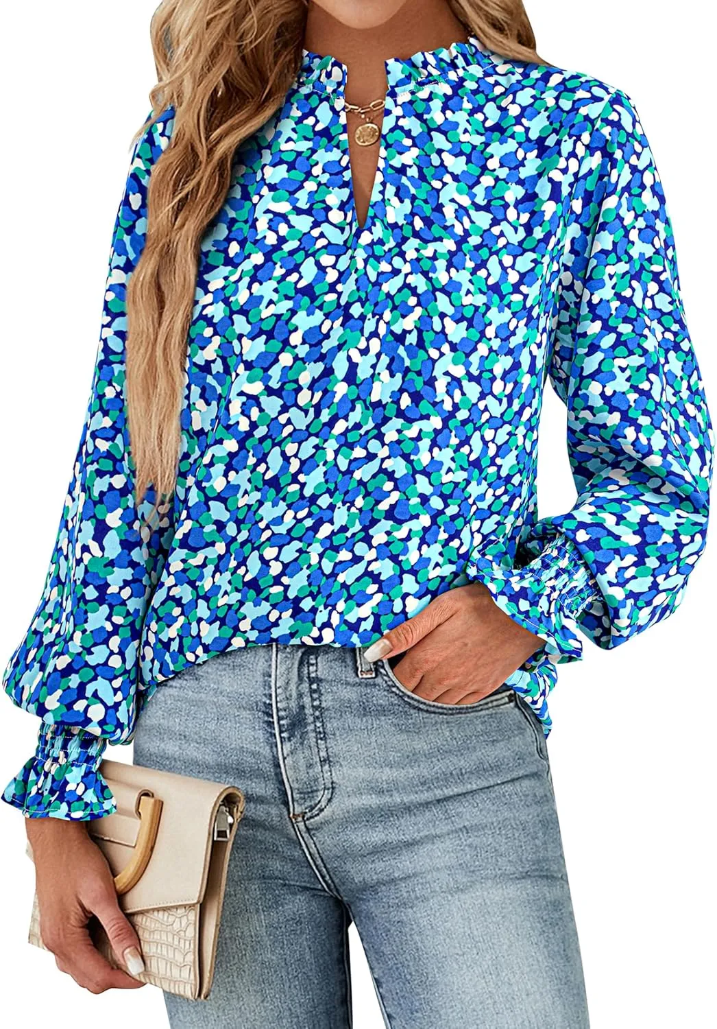 MASCOMODA Womens V Neck Floral Long Sleeve Tops 2025 Summer Casual Loose Puff Sleeve Chiffon Boho Work Blouse Dressy T Shirts