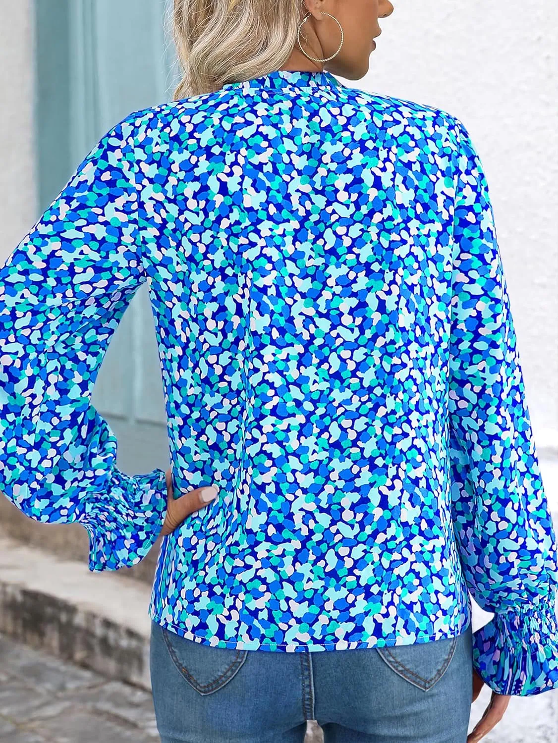MASCOMODA Womens V Neck Floral Long Sleeve Tops 2025 Summer Casual Loose Puff Sleeve Chiffon Boho Work Blouse Dressy T Shirts