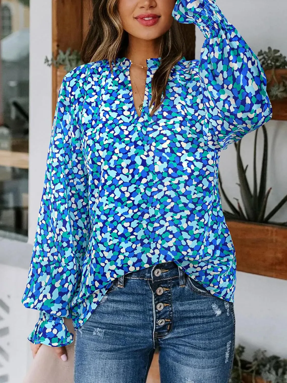 MASCOMODA Womens V Neck Floral Long Sleeve Tops 2025 Summer Casual Loose Puff Sleeve Chiffon Boho Work Blouse Dressy T Shirts