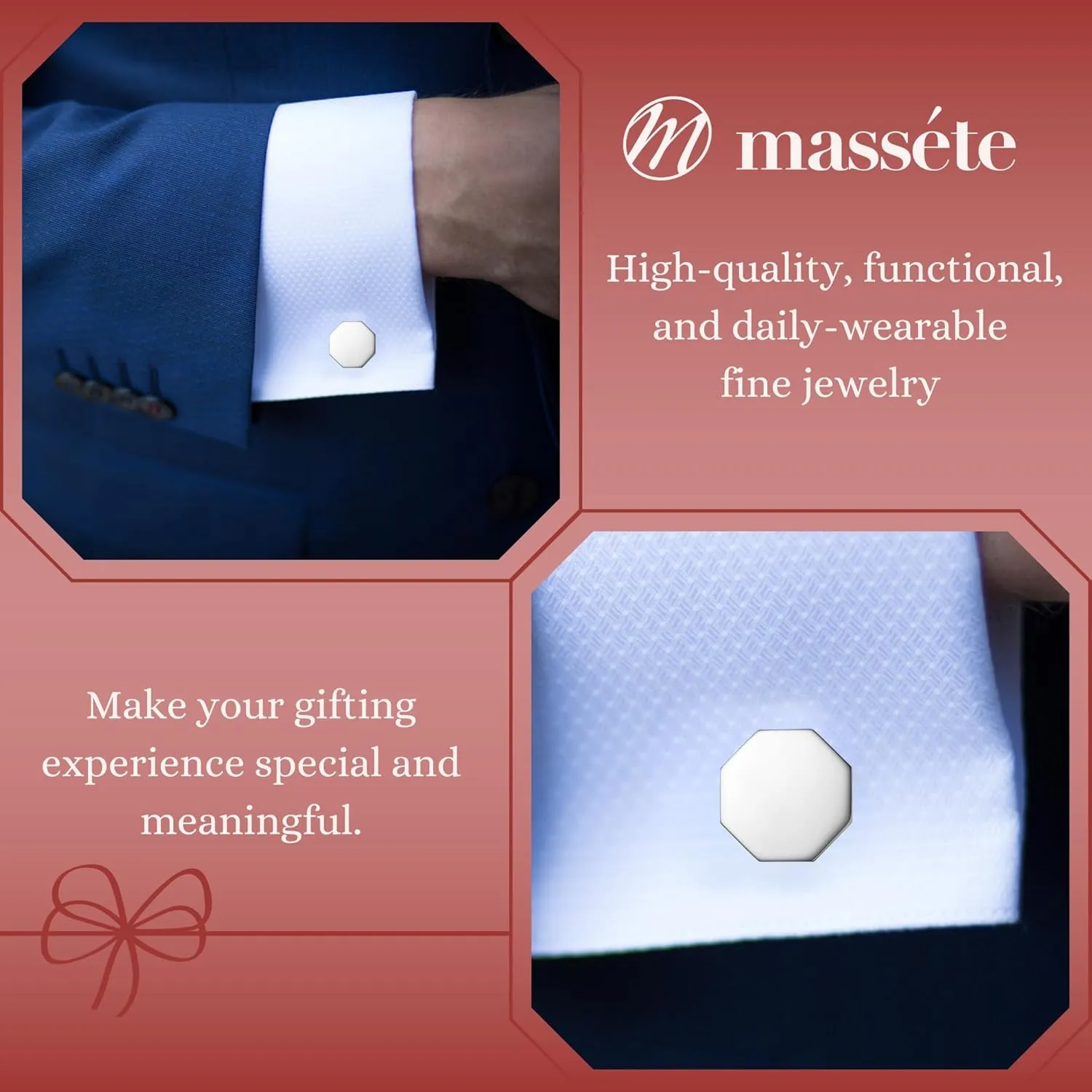 MASSETE Sterling Silver Cufflinks for Men Personalized with Engraved Initials or Name Gift for Men - Made in Italy