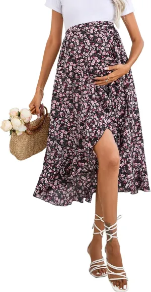 Maternity Midi Skirt Summer Casual Pleated Elastic High Waist Boho Ruffle Flowy Wrap Split Long Skirt