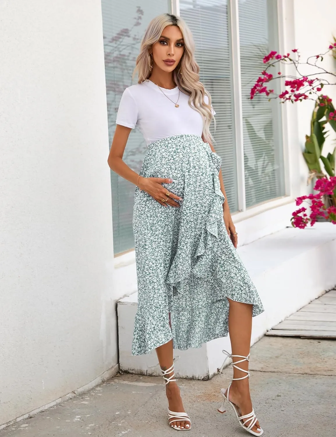 Maternity Midi Skirt Summer Casual Pleated Elastic High Waist Boho Ruffle Flowy Wrap Split Long Skirt
