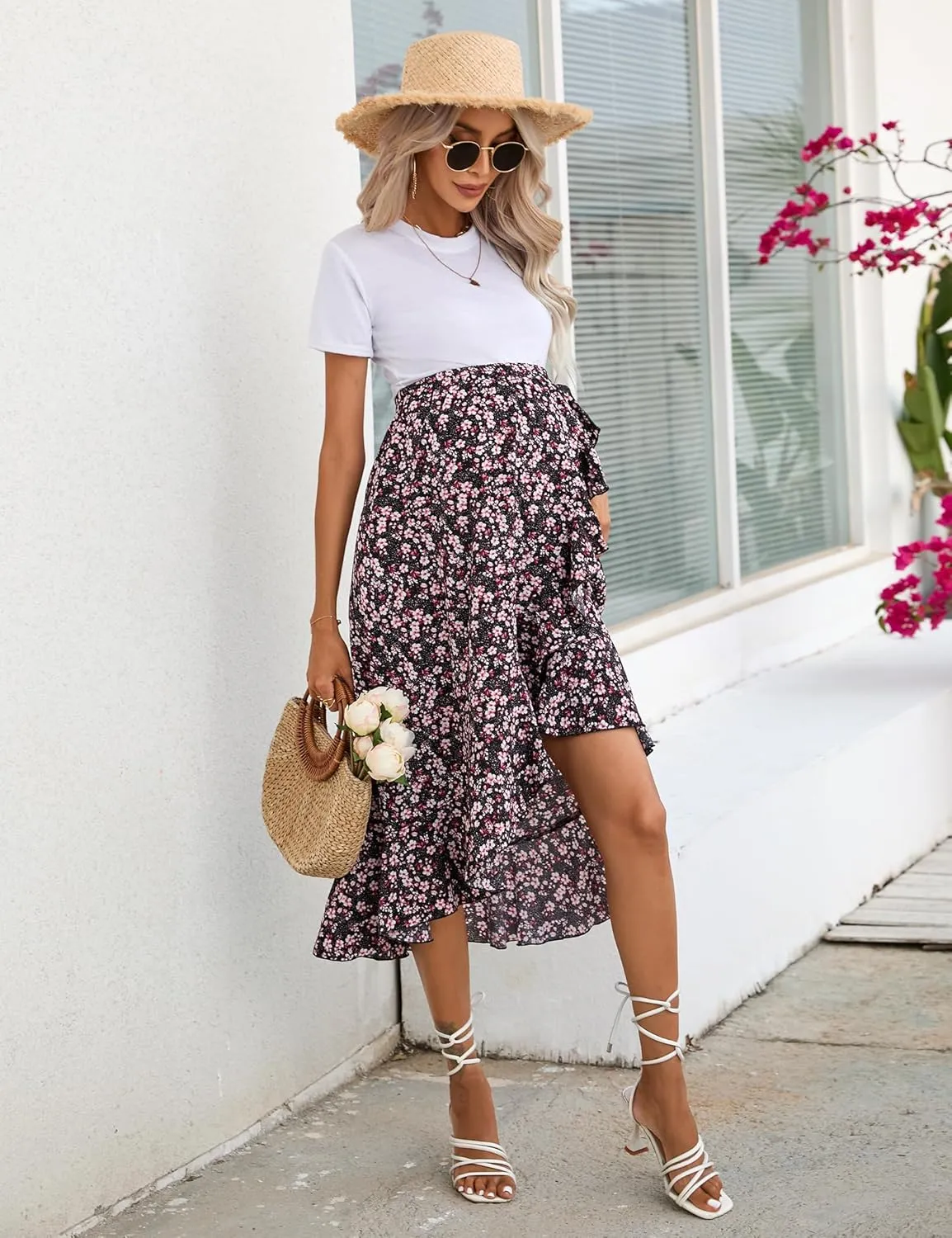 Maternity Midi Skirt Summer Casual Pleated Elastic High Waist Boho Ruffle Flowy Wrap Split Long Skirt
