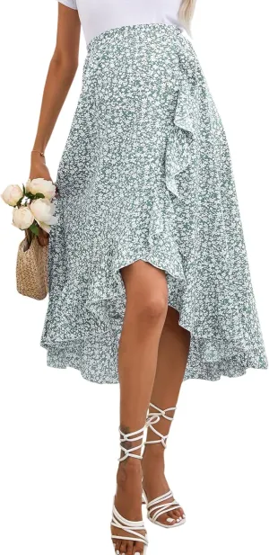 Maternity Midi Skirt Summer Casual Pleated Elastic High Waist Boho Ruffle Flowy Wrap Split Long Skirt