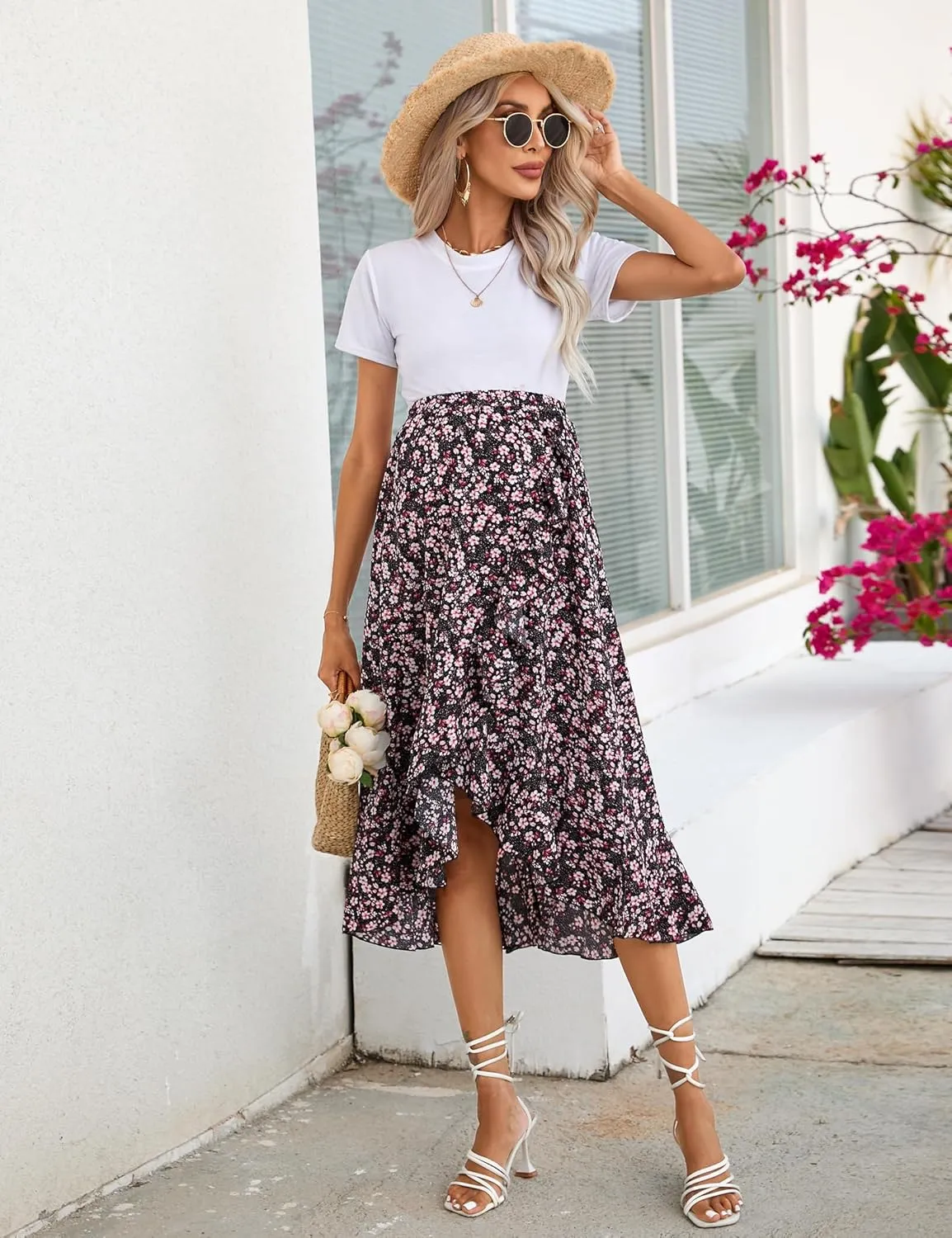 Maternity Midi Skirt Summer Casual Pleated Elastic High Waist Boho Ruffle Flowy Wrap Split Long Skirt