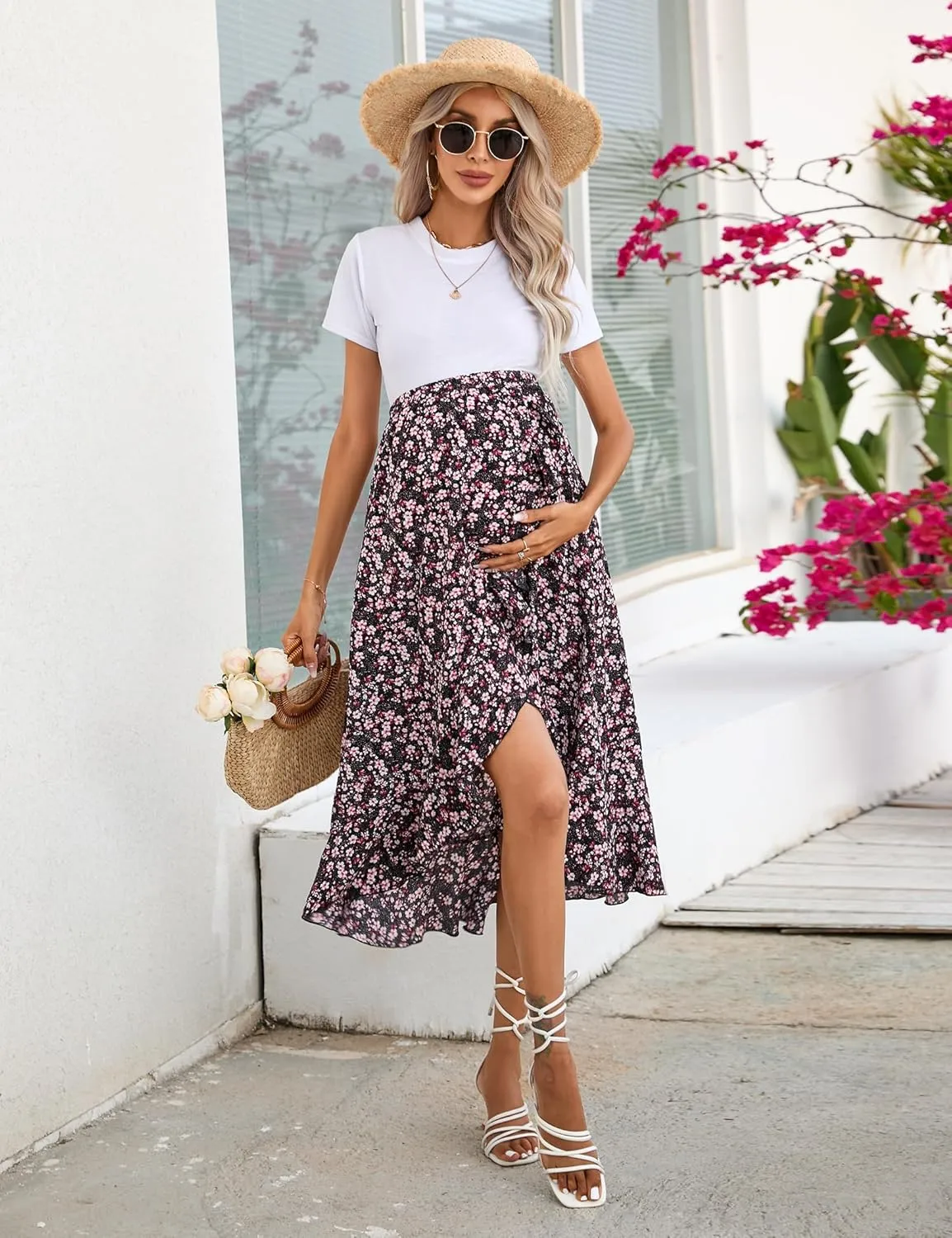 Maternity Midi Skirt Summer Casual Pleated Elastic High Waist Boho Ruffle Flowy Wrap Split Long Skirt