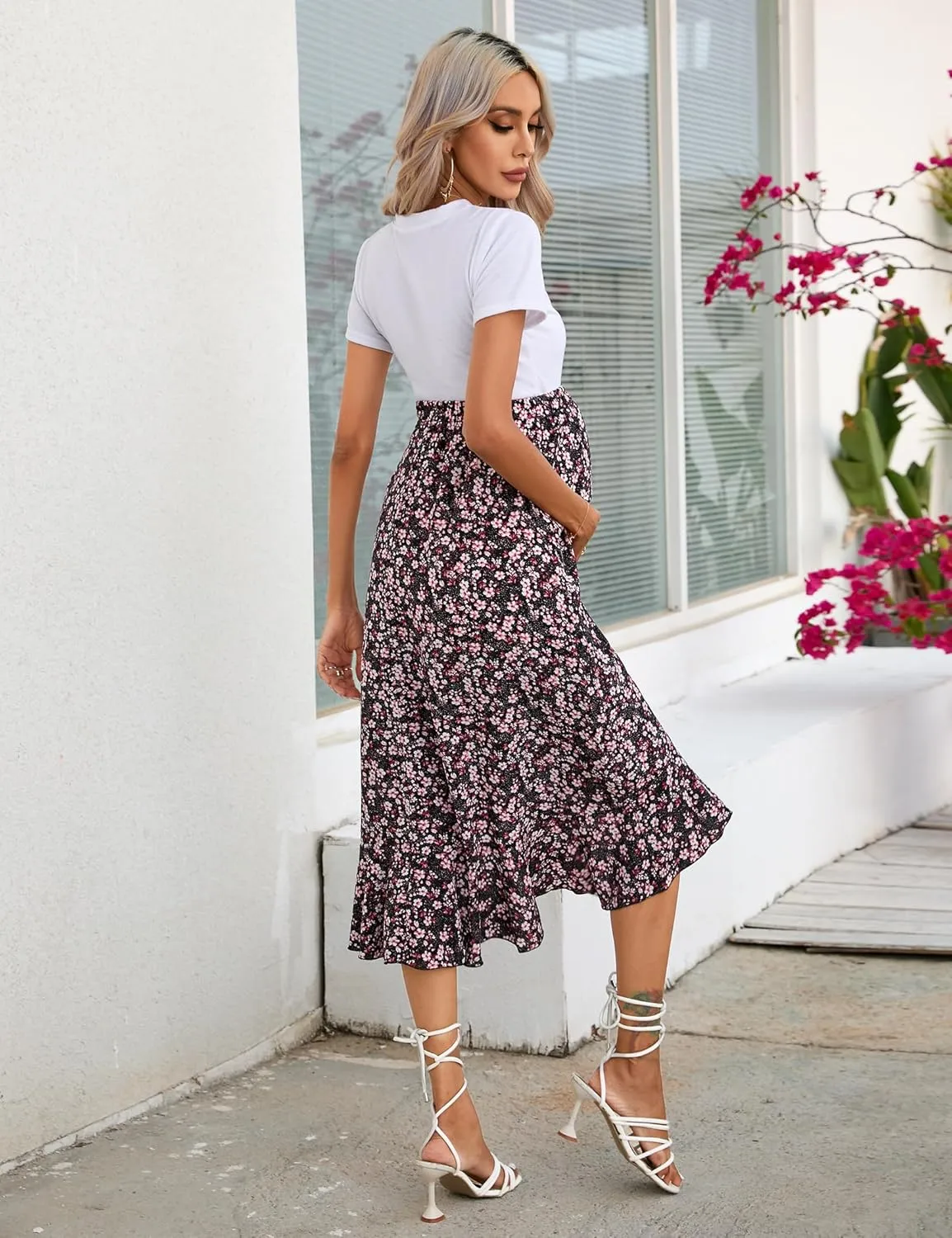 Maternity Midi Skirt Summer Casual Pleated Elastic High Waist Boho Ruffle Flowy Wrap Split Long Skirt