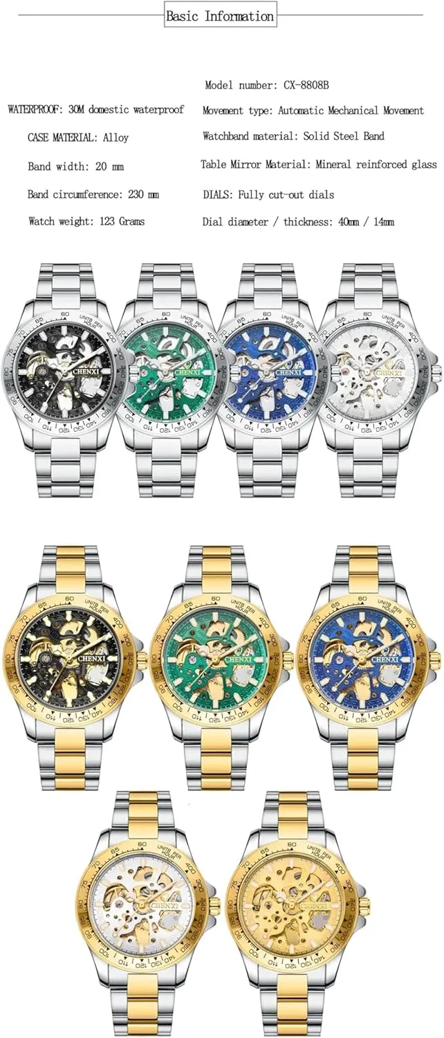 Men Automatic Watches Mechanical Wrist Watch Hollowed Out Luminous Self-Winding Stylish Business Watches