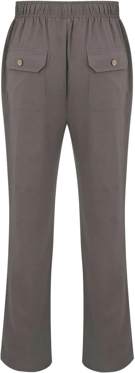 Mens Cotton Linen Slim Fit Pants Lightweight Drawstrings Summer Beach Trousers Breathable Casual Multi Pockets Yoga Pants