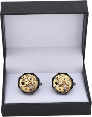 Mens Cufflinks, 2Pcs Cuff Links Watch Movement Design Silver Black Fadeless Brass Polished Cuff Links for Men Mens Shirt Vintage Gears Watch Cuff Links Business Wedding Gifts with