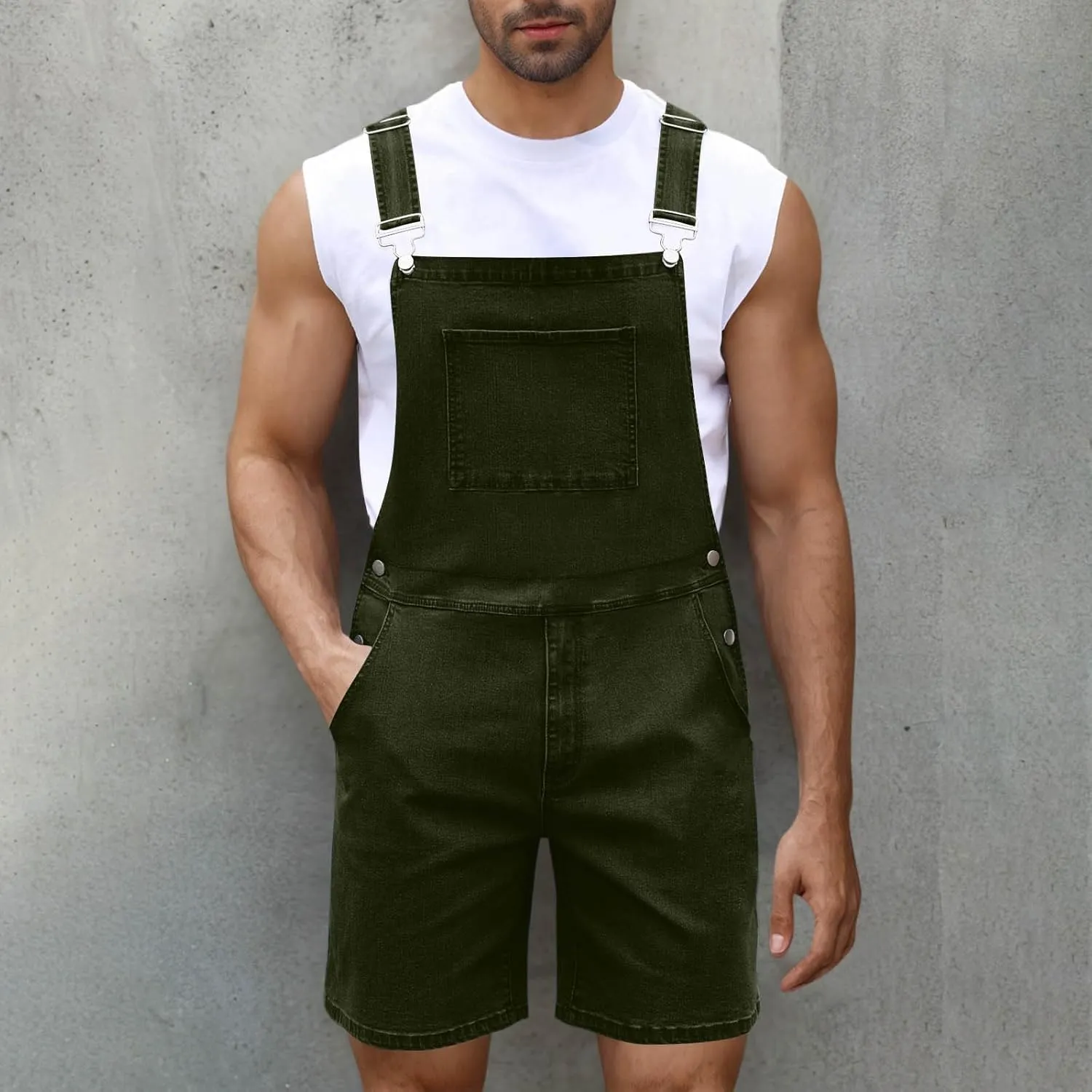 Mens Denim Overalls Slim Fit Casual Bib Pants Jumpsuit Summer Jeans Slim Fit Shorts Cargo Rompers with Pockets