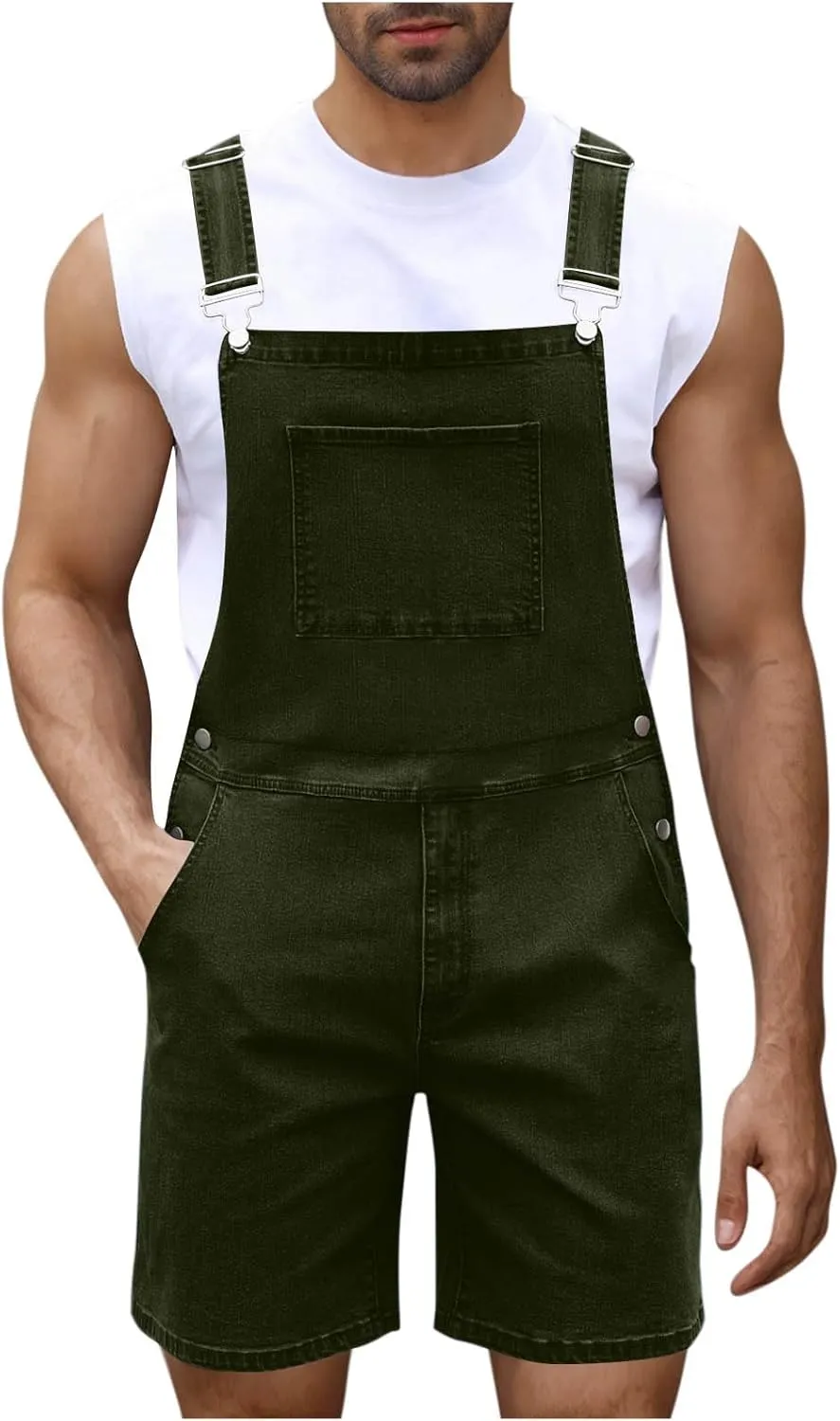 Mens Denim Overalls Slim Fit Casual Bib Pants Jumpsuit Summer Jeans Slim Fit Shorts Cargo Rompers with Pockets
